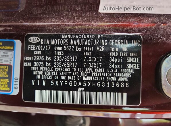 5XYPGDA5XHG313686 2017 KIA SORENTO Burgundy Вид наклейки з VIN-кодом