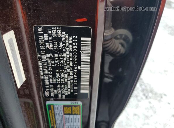 5XYPH4A17GG008512 2016 KIA SORENTO Maroon VIN კოდის სტიკერის ხედი