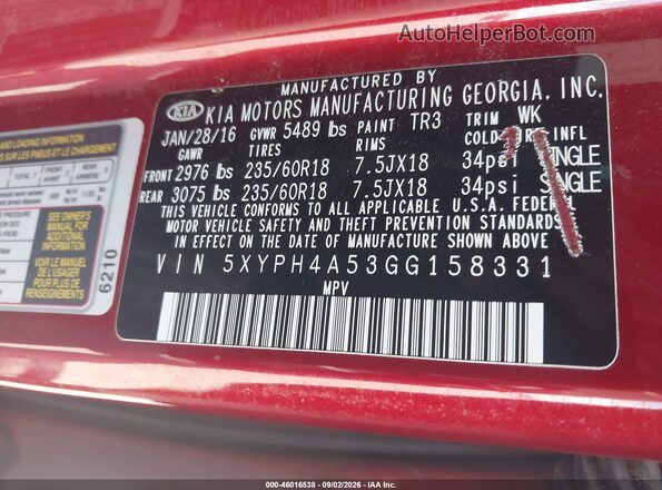 5XYPH4A53GG158331 2016 KIA SORENTO Red Engine compartment view