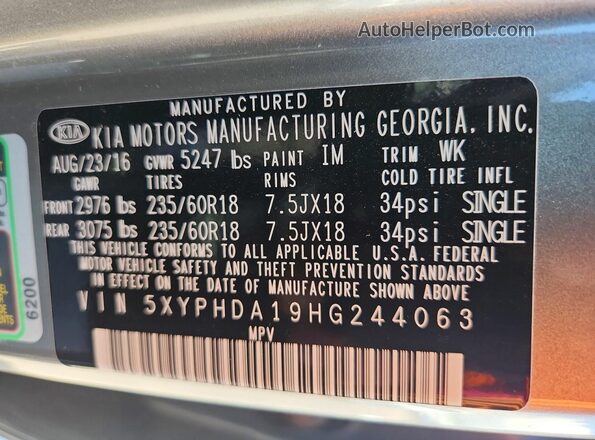 5XYPHDA19HG244063 2017 KIA SORENTO Gray Vista de la etiqueta del VIN