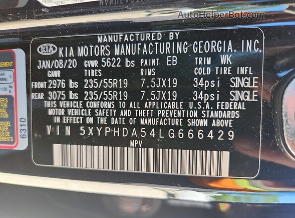 5XYPHDA54LG666429 2020 KIA SORENTO Black Widok wnętrza 360 stopni