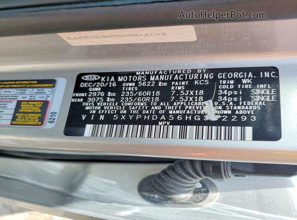 5XYPHDA56HG302293 2017 KIA SORENTO Silver Widok naklejki z numerem VIN