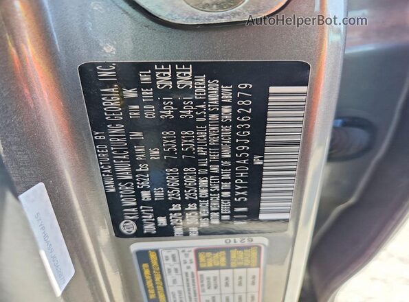 5XYPHDA59JG362879 2018 KIA SORENTO Угольный Вид наклейки с VIN-кодом