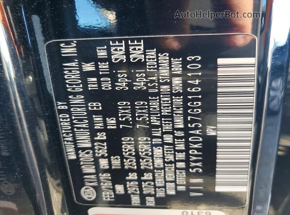5XYPKDA57GG164103 2016 KIA SORENTO Black Widok naklejki z numerem VIN