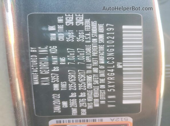 5XYRG4LC3NG102197 2022 KIA SORENTO Silver VIN կոդի պիտակի տեսք