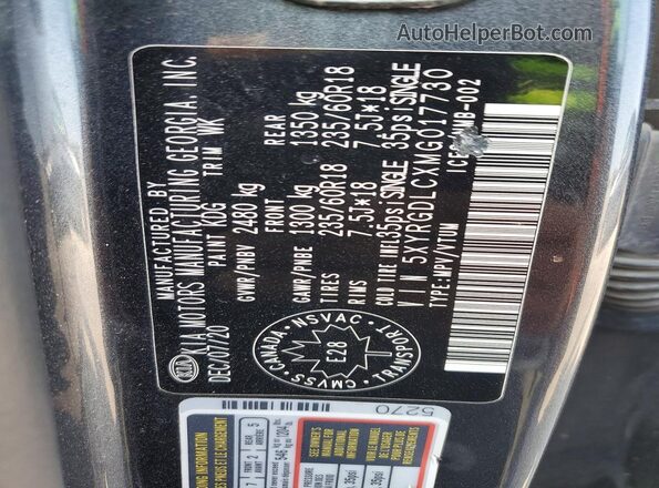 5XYRGDLCXMG017730 2021 KIA SORENTO Gray VIN sticker view
