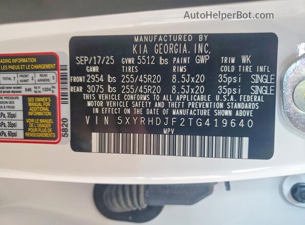 5XYRHDJF2TG419640 2026 KIA SORENTO White Vista interior de 360 grados