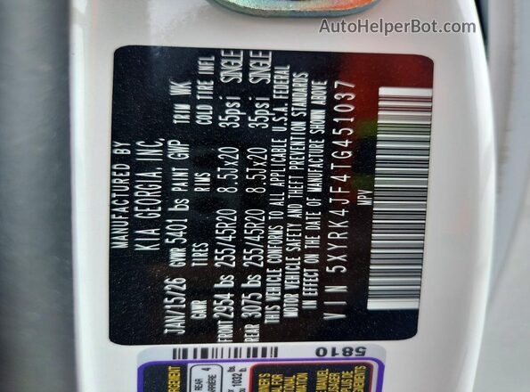 5XYRK4JF4TG451037 2026 KIA SORENTO White VIN sticker view