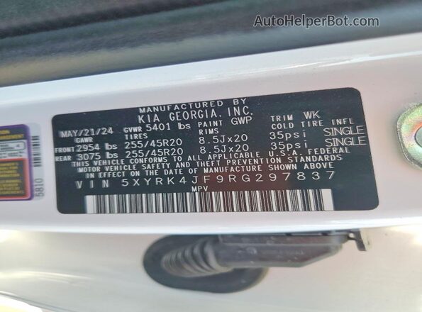 5XYRK4JF9RG297837 2024 KIA SORENTO White Вид наклейки з VIN-кодом