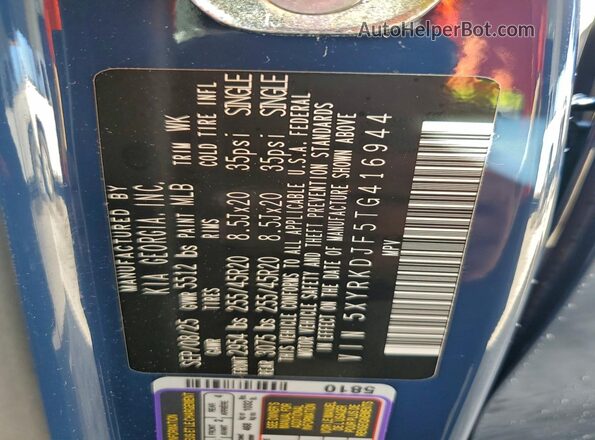 5XYRKDJF5TG416944 2026 KIA SORENTO Blue Vista de la etiqueta del VIN