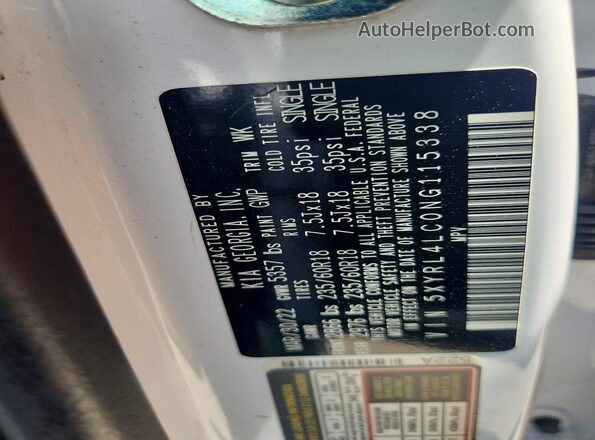 5XYRL4LC0NG115338 2022 KIA SORENTO White VIN sticker view