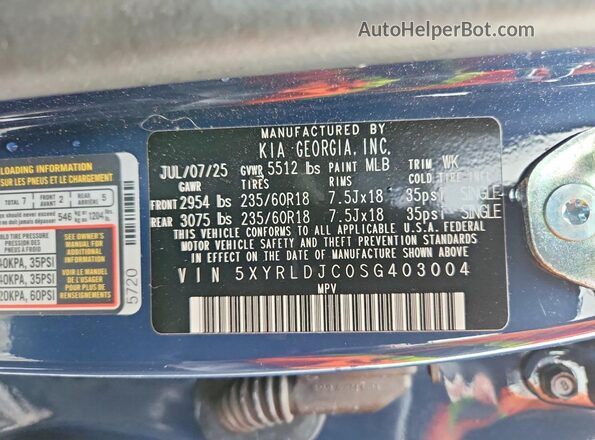 5XYRLDJC0SG403004 2025 KIA SORENTO Синий Вид наклейки с VIN-кодом
