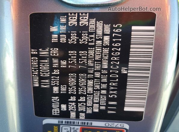 5XYRLDJC2RG261765 2024 KIA SORENTO Silver VIN sticker view