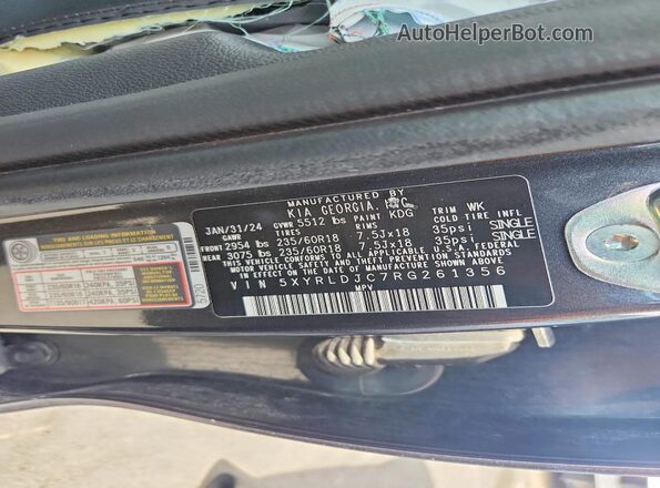 5XYRLDJC7RG261356 2024 KIA SORENTO Gray VIN sticker view
