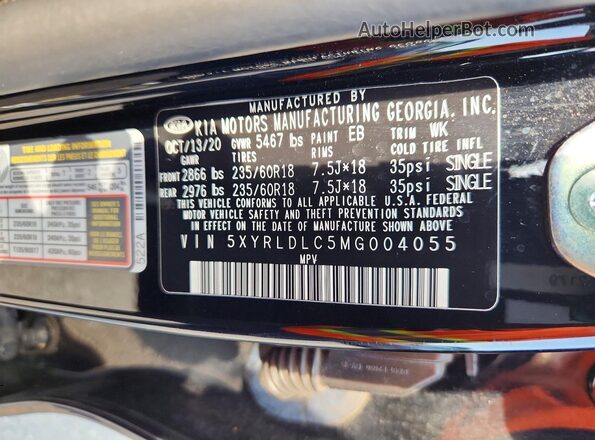 5XYRLDLC5MG004055 2021 KIA SORENTO Black Vista de la etiqueta del VIN