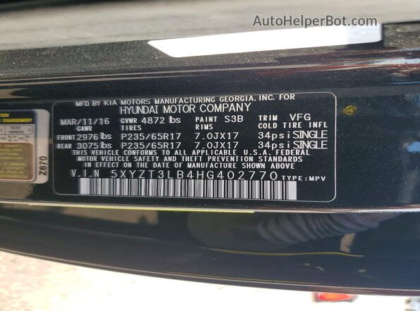 5XYZT3LB4HG402770 2017 HYUNDAI SANTA Black VIN კოდის სტიკერის ხედი