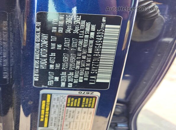5XYZT3LB4HG494835 2017 HYUNDAI SANTA Blue VIN կոդի պիտակի տեսք