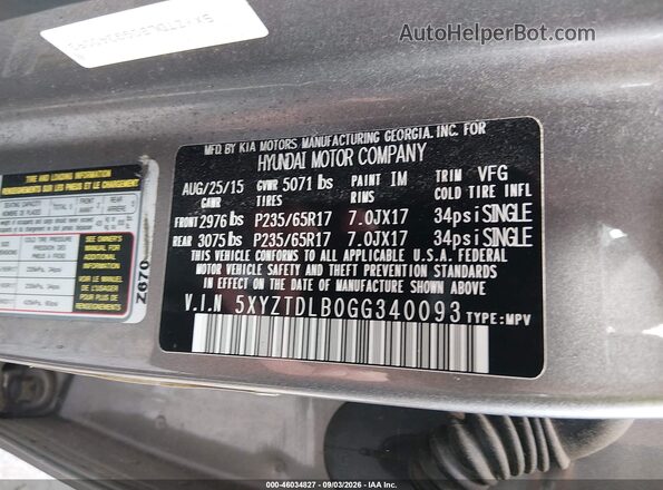 5XYZTDLB0GG340093 2016 HYUNDAI SANTA FE SPORT Gray Widok komory silnika