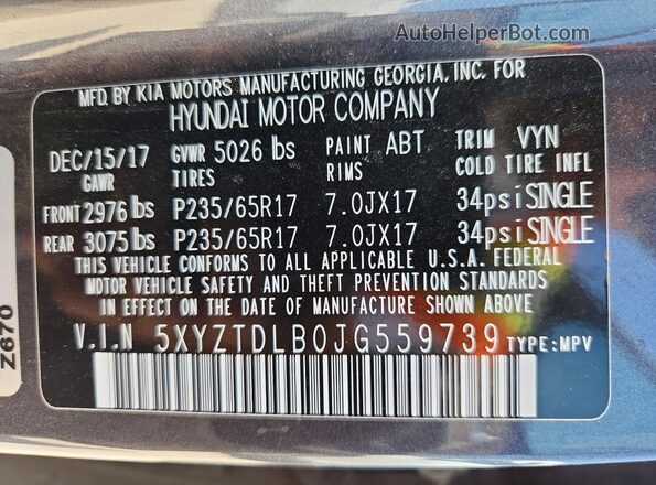 5XYZTDLB0JG559739 2018 HYUNDAI SANTA Gray Вид наклейки з VIN-кодом