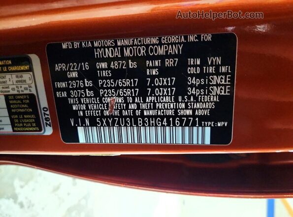 5XYZU3LB3HG416771 2017 HYUNDAI SANTA Orange Widok naklejki z numerem VIN