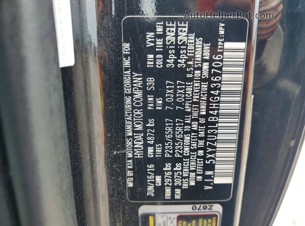 5XYZU3LB4HG436706 2017 HYUNDAI SANTA Black VIN კოდის სტიკერის ხედი