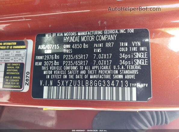 5XYZU3LB8GG334713 2016 HYUNDAI SANTA FE SPORT Orange Widok komory silnika