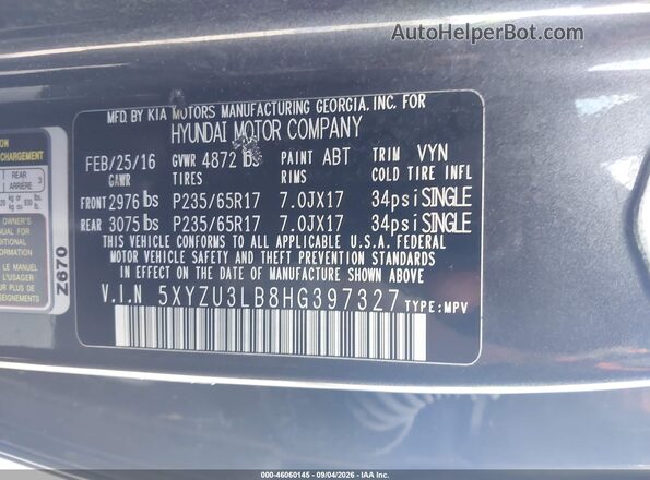5XYZU3LB8HG397327 2017 HYUNDAI SANTA FE SPORT Gray Vista del compartimento del motor