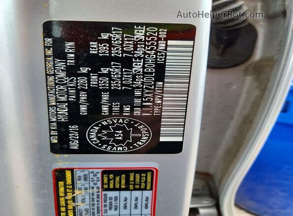 5XYZUDLB0HG455520 2017 HYUNDAI SANTA Silver Widok naklejki z numerem VIN