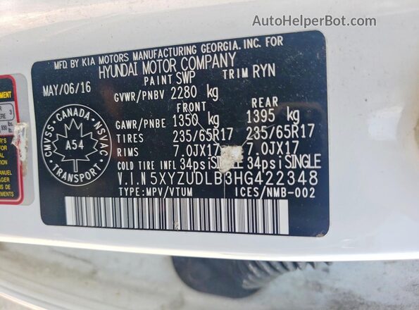 5XYZUDLB3HG422348 2017 HYUNDAI SANTA White Панорамний вид салону 360°