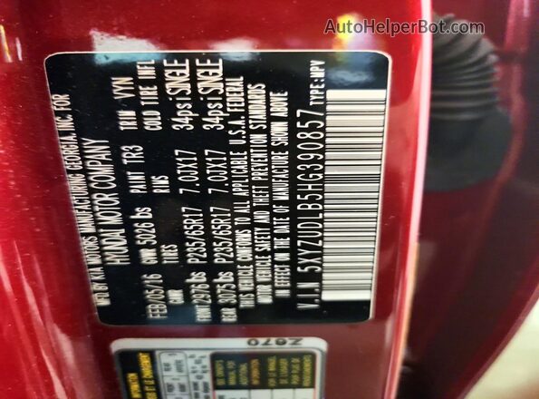 5XYZUDLB5HG390857 2017 HYUNDAI SANTA Red Widok wnętrza 360 stopni
