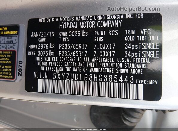 5XYZUDLB8HG385443 2017 HYUNDAI SANTA FE SPORT Silver Вид підкапотного простору