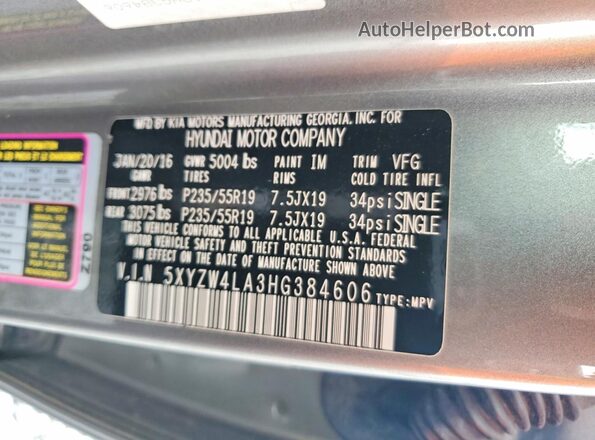 5XYZW4LA3HG384606 2017 HYUNDAI SANTA Gray Widok komory silnika
