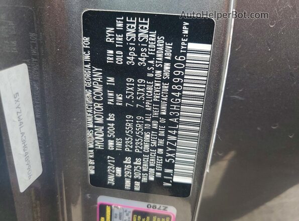 5XYZW4LA3HG489906 2017 HYUNDAI SANTA Gray Engine compartment view