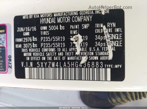 5XYZW4LA5HG436883 2017 HYUNDAI SANTA FE SPORT White Widok komory silnika