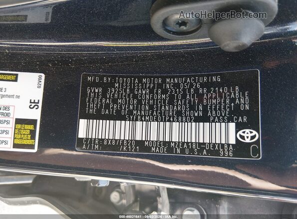 5YFB4MDE0TP468802 2026 TOYOTA COROLLA Blue Շարժիչի բաժամունքի տեսք