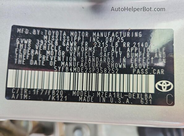 5YFB4MDE2SP358252 2025 TOYOTA COROLLA Silver Շարժիչի բաժամունքի տեսք