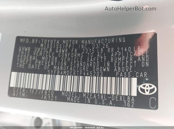 5YFB4MDE6TP445203 2026 TOYOTA COROLLA Серебряный Вид подкапотного пространства
