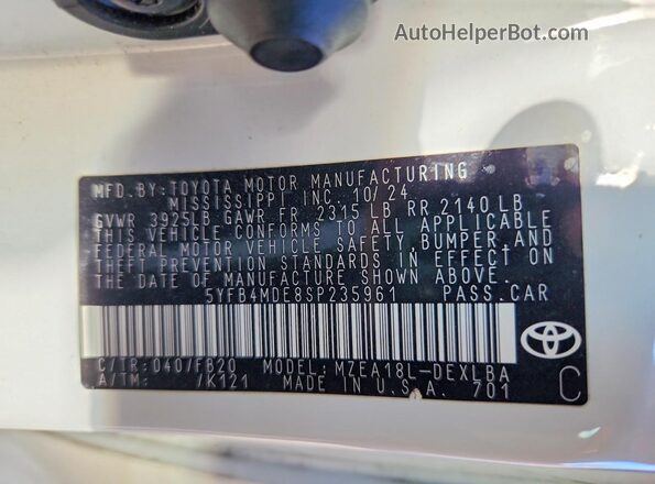 5YFB4MDE8SP235961 2025 TOYOTA COROLLA White VIN კოდის სტიკერის ხედი