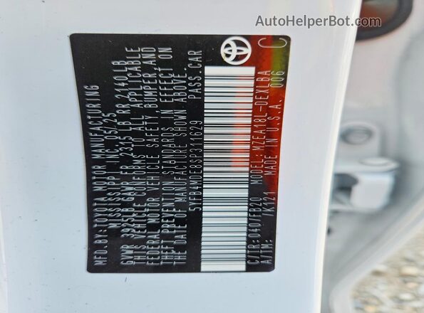 5YFB4MDE8SP311629 2025 TOYOTA COROLLA White VIN կոդի պիտակի տեսք