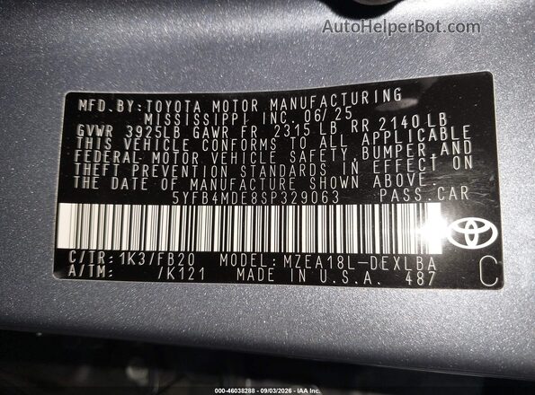 5YFB4MDE8SP329063 2025 TOYOTA COROLLA Синий Вид подкапотного пространства