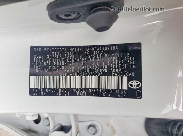 5YFB4MDE9TP376507 2026 TOYOTA COROLLA White Vista de la etiqueta del VIN