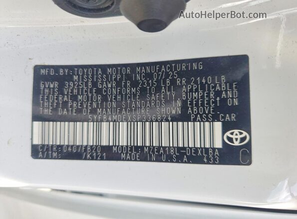 5YFB4MDEXSP336824 2025 TOYOTA COROLLA White Vista de la etiqueta del VIN