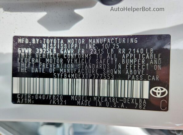 5YFB4MDEXTP377553 2026 TOYOTA COROLLA Белый Вид наклейки с VIN-кодом