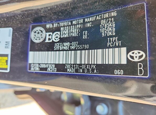 5YFBPMBE1MP255790 2021 TOYOTA COROLLA Black Вид наклейки з VIN-кодом