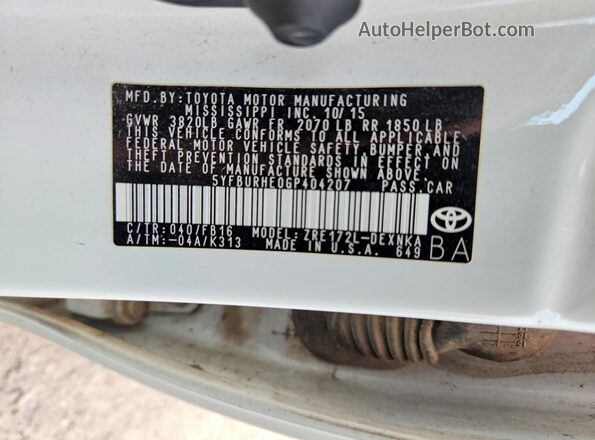 5YFBURHE0GP404207 2016 TOYOTA COROLLA White Вид підкапотного простору