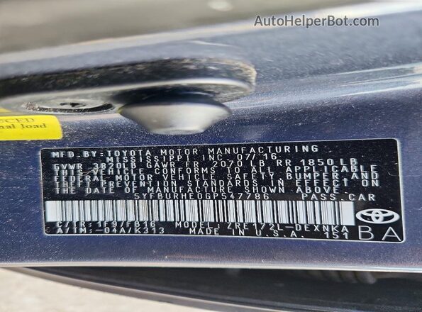 5YFBURHE0GP547786 2016 TOYOTA COROLLA Бирюзовый Вид наклейки с VIN-кодом