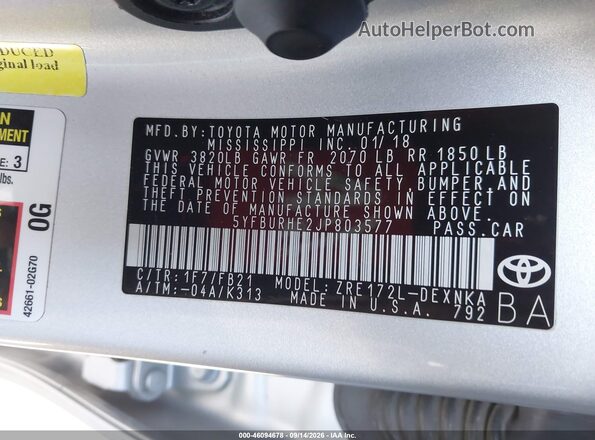 5YFBURHE2JP803577 2018 TOYOTA COROLLA Gray Widok komory silnika