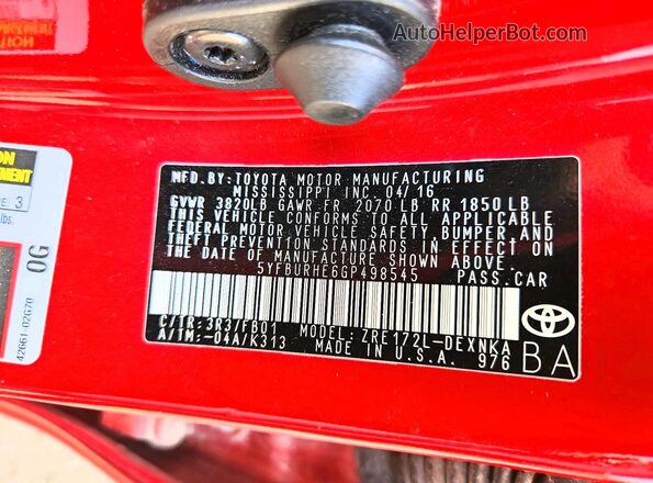 5YFBURHE6GP498545 2016 TOYOTA COROLLA Red VIN კოდის სტიკერის ხედი