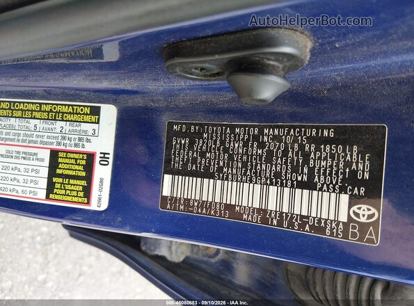 5YFBURHE9GP413181 2016 TOYOTA COROLLA Blue ძრავის განყოფილების ხედი