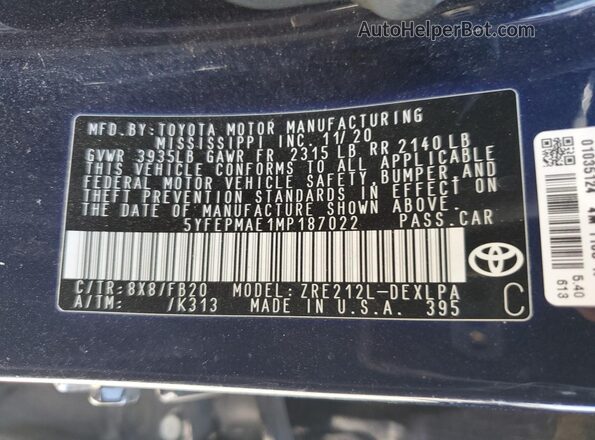 5YFEPMAE1MP187022 2021 TOYOTA COROLLA Blue Vista del compartimento del motor